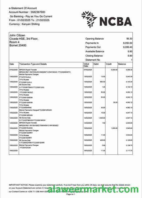 Kenya NCBA Bank e-statement of account Word and PDF template